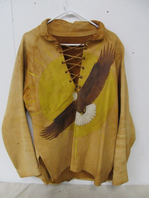 lot 39 image: Vintage Hand Painted LeatherHide American Indian Movement Coat