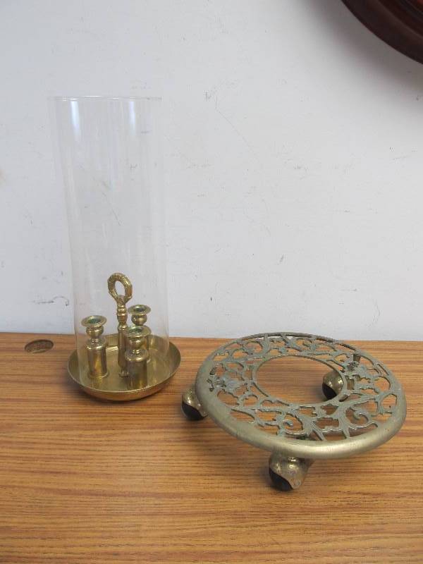 lot 112 image: Vintage Brass Rolling Plant Stand & Candle Holder