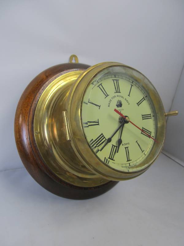 lot 5 image: Vintage Brass & Rosewood Royal Navy Ships Clock