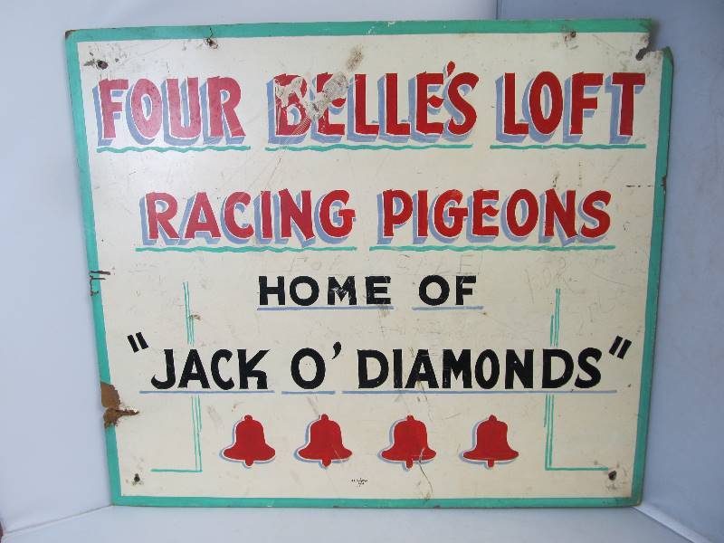 lot 6 image: Orig Vintage 1930s RACING PIGEONS Folk Art Painted Sign