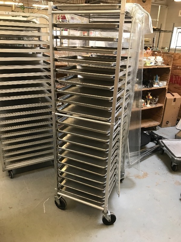 lot 215 image: CHANNEL BAKING TRAY ROLLING RACK WITH HALF TRAYS