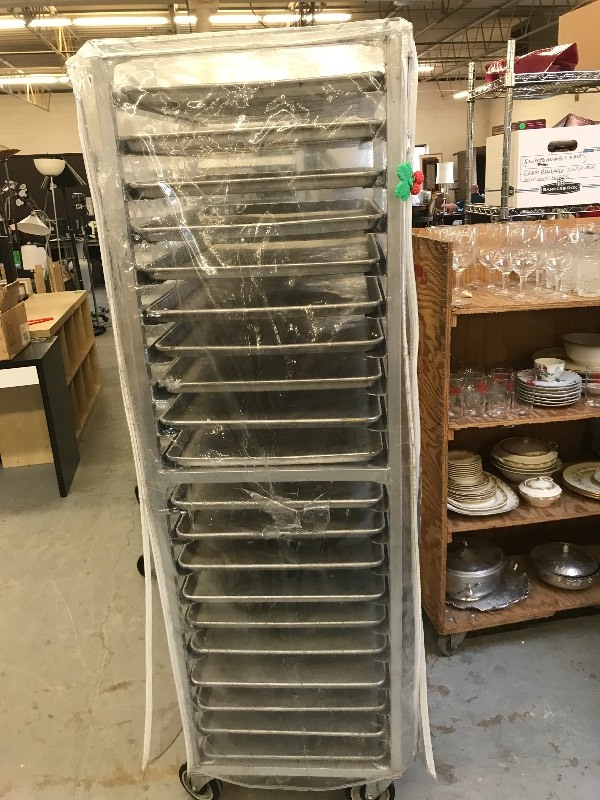 lot 218 image: NEWAGE BAKING TRAY ROLLING RACK WITH TRAYS & COVER