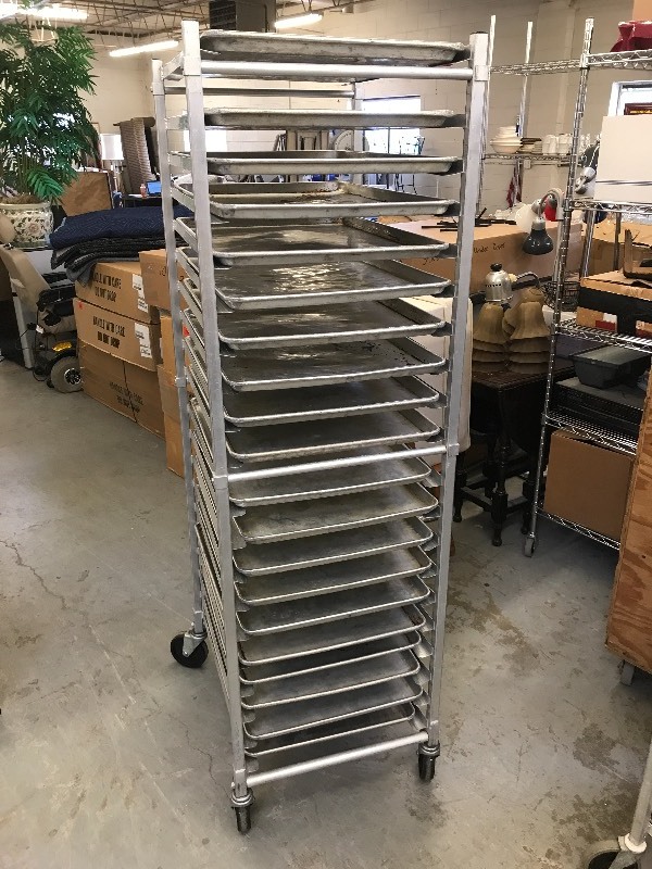 lot 221 image: BAKING TRAY ROLLING RACK WITH TRAYS