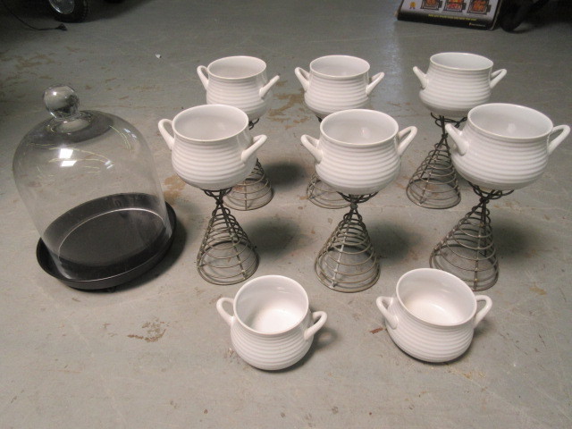 lot 240 image: STONEWARE SOUP BOWLS WITH STANDS AND CLOCHE