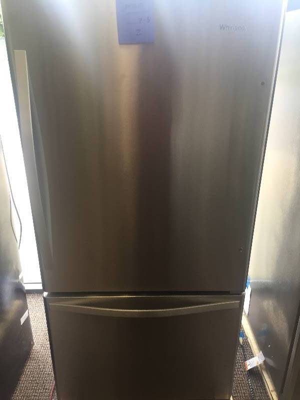 lot 2 image: NEW--WHIRLPOOL 22.1 cu. ft. Bottom Freezer Refrigerator in Monochromatic Stainless Steel--WITH MANUFACTURERS WARRANTY--MODEL#WRB322DMBM