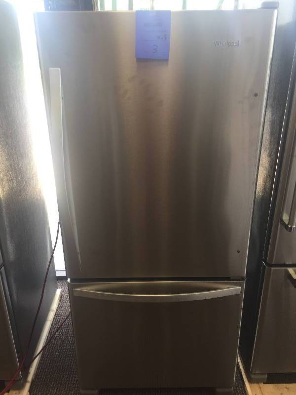 lot 3 image: NEW--WHIRLPOOL 18.7 cu. ft. Bottom Freezer Refrigerator in Monochromatic Stainless Steel-WITHMANUFACTURERS WARRANTY--MODEL#WRB329DMBM