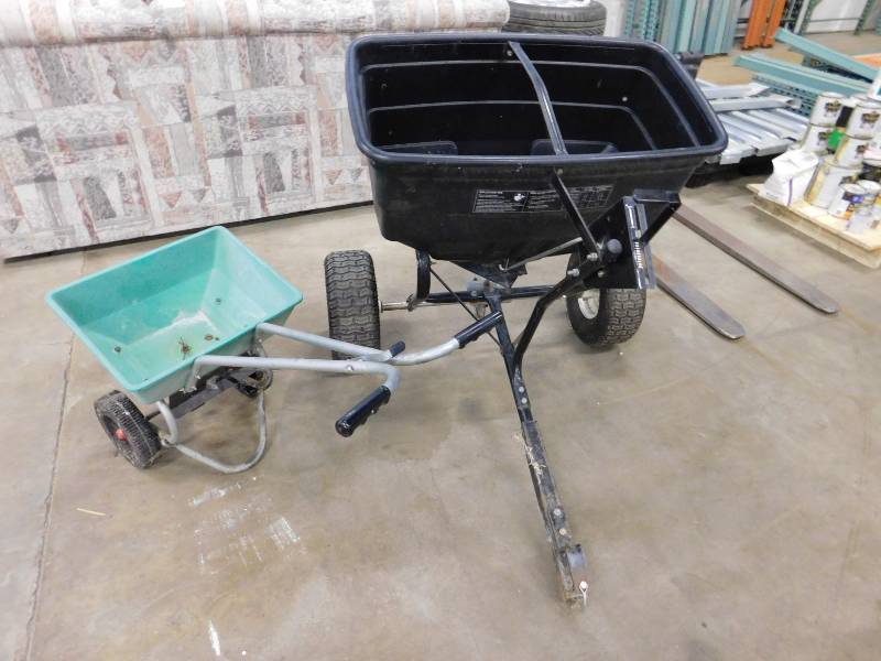 lot 123 image: Agri-Fab Tow-Behind Broadcast Spreader 175 & Red Devel Spreader