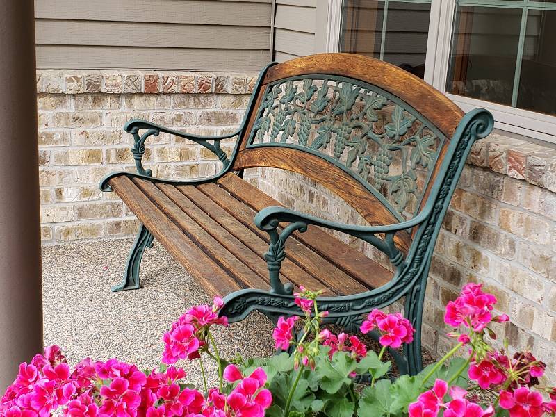 lot 5 image: Wrought Iron and Wood Outdoor Bench