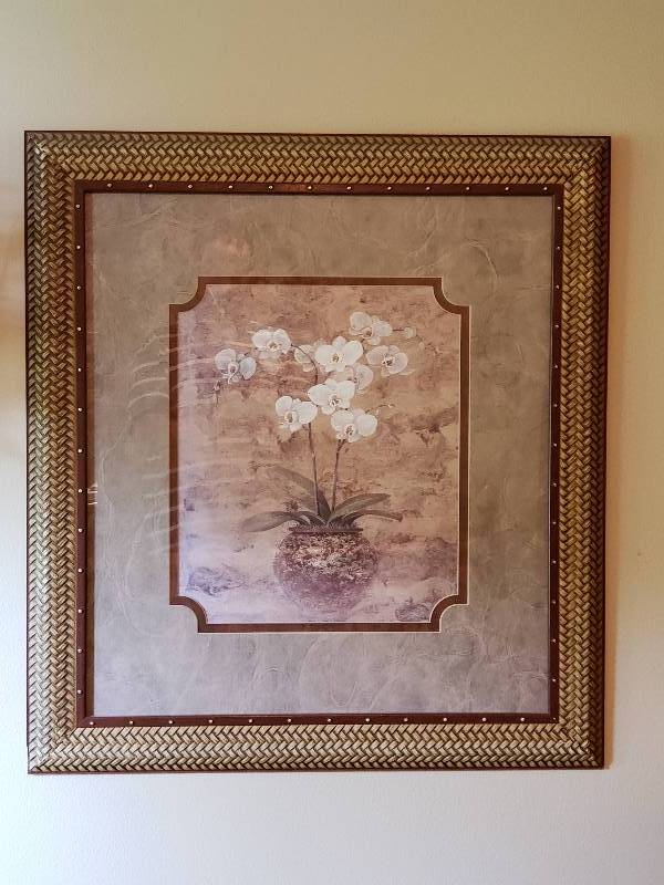 lot 18 image: (2) Framed and Matted Floral Wall Prints and Braided Wall Pocket Arrangement
