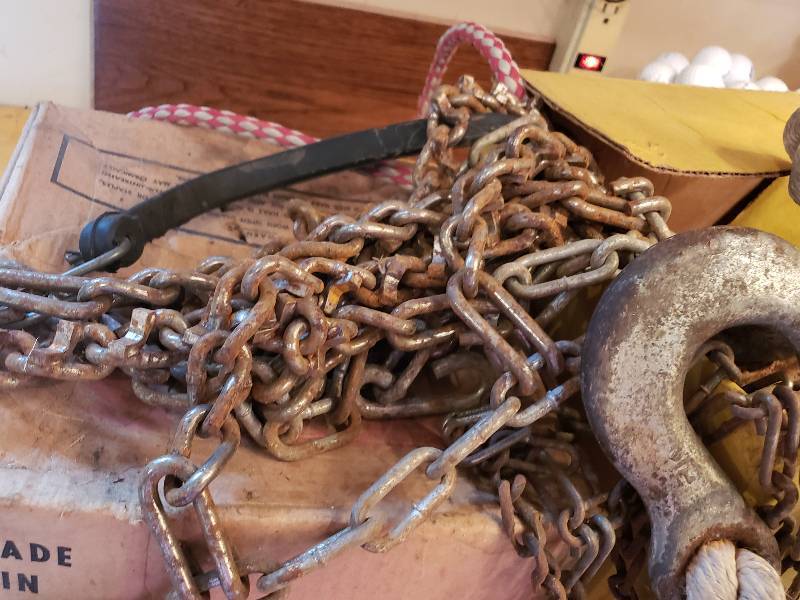 lot 107 image: Hooked Tow Rope, Tire Chains, Nails, etc.