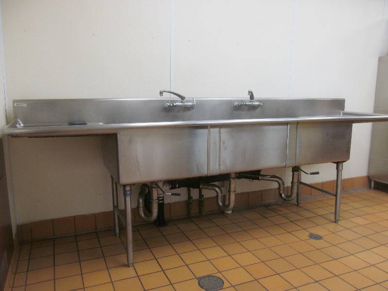 lot 25 image: Kitchen-NSF- Stainless Steel-Triple Sink- 2 faucets