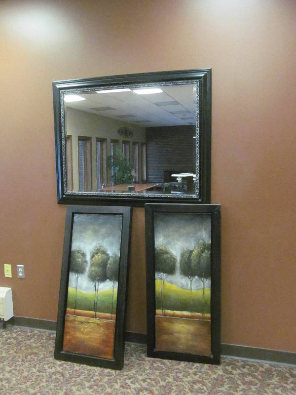 lot 61 image: (Dayroom) Wall Dcor, Large Square Mirror (48x36), 2 pcs (20.5x45)