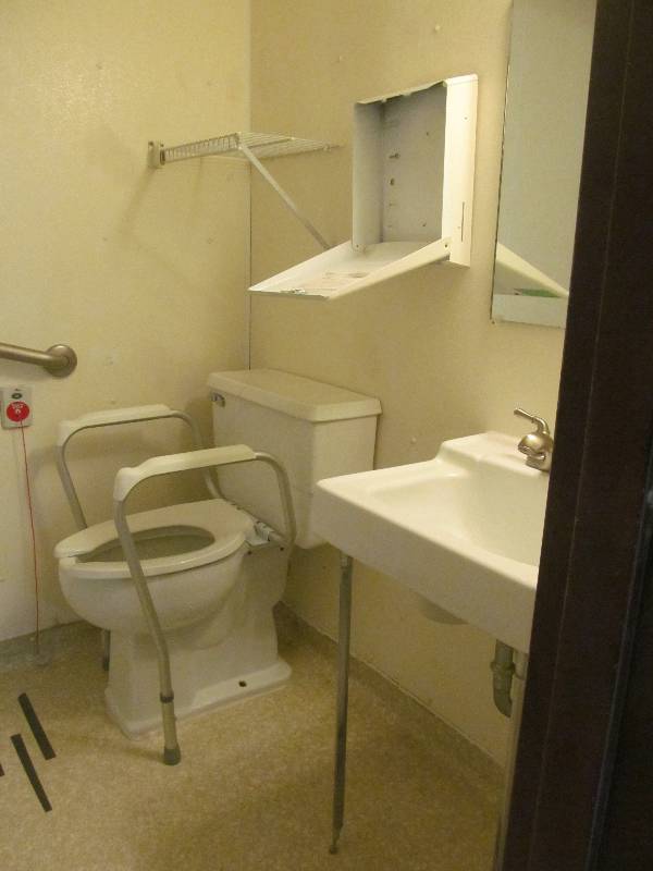 lot 101 image: (Bathroom) Sink, Toilet, Soap, Towel Dispenser, Mirror, Safety Rail