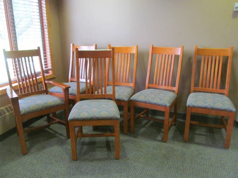lot 176 image: (Family Room) 6 wood dining chairs, 1 with arms