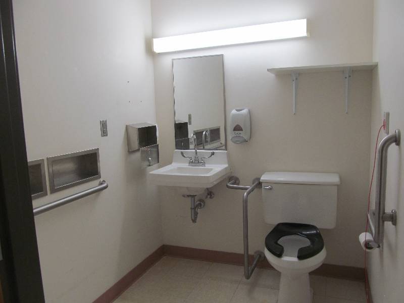 lot 207 image: Rm 31- Sink, toilet, 3 hand rails, wood shelving, soaphand towel dispenser and mirror