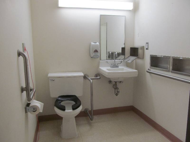 lot 223 image: Rm-29-Bathroom-toilet, sink, 3 handrails, mirror, and dispensers