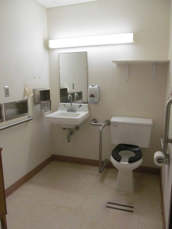 lot 238 image: Rm 28-Toilet, sink, towel and soap dispenser, hand railings-wood shelf