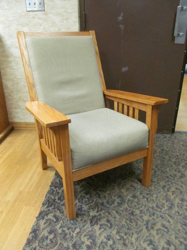 lot 405 image: Cleaning room-Wood arm chair wtan cushion-Mission style