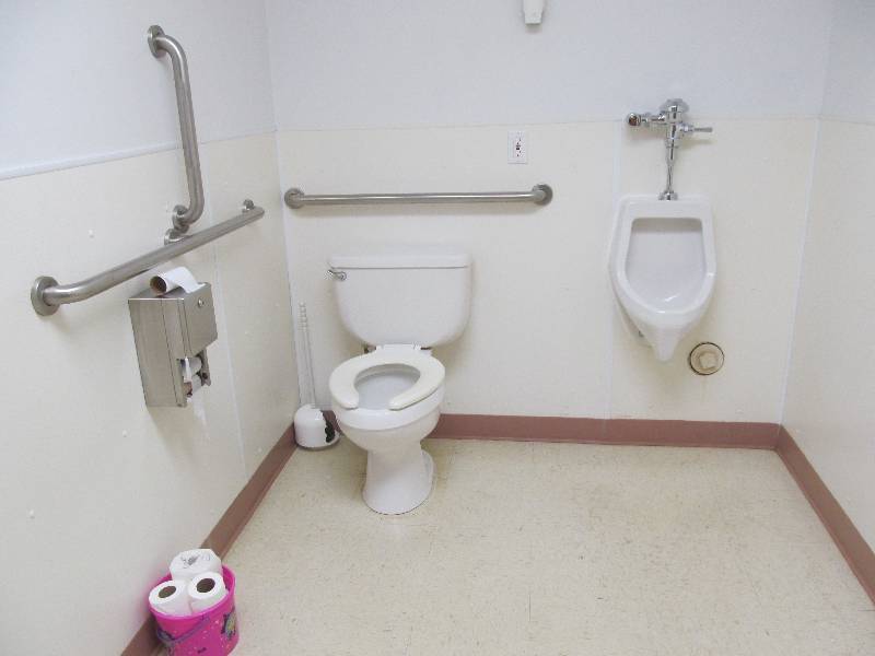 lot 505 image: B2- toilet, urinal, sink, towel and soap dispensers, handrails, 16x30 mirror