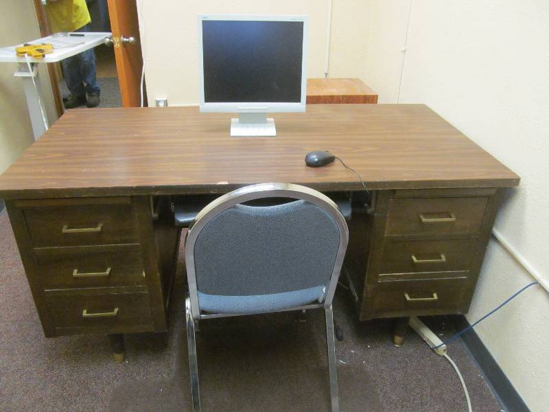 lot 705 image: Office #2-Wood Office Desk, Chair, Monitor, Keyboard