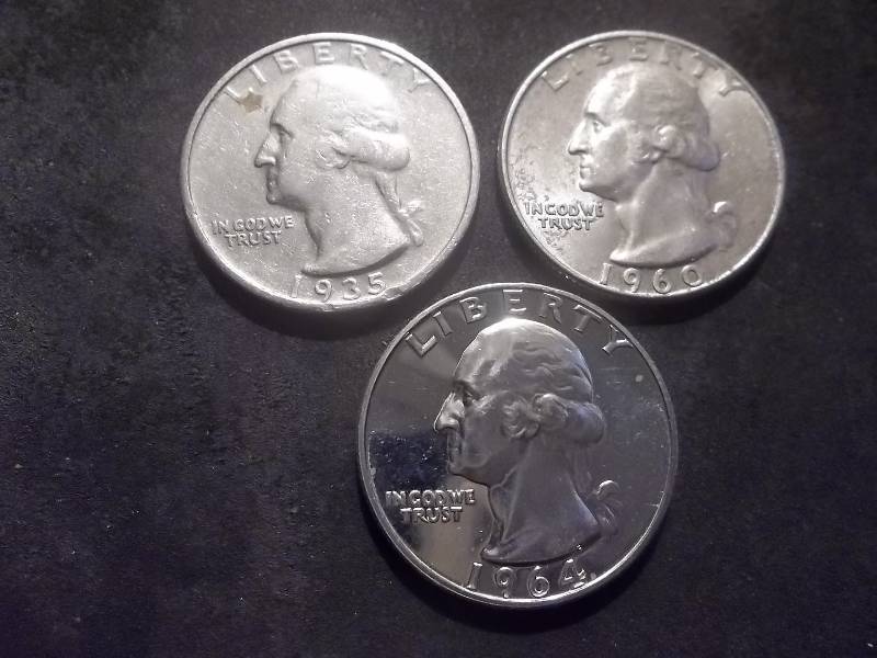 1935 S, 1960 D, 1964 Proof Washington Quarters