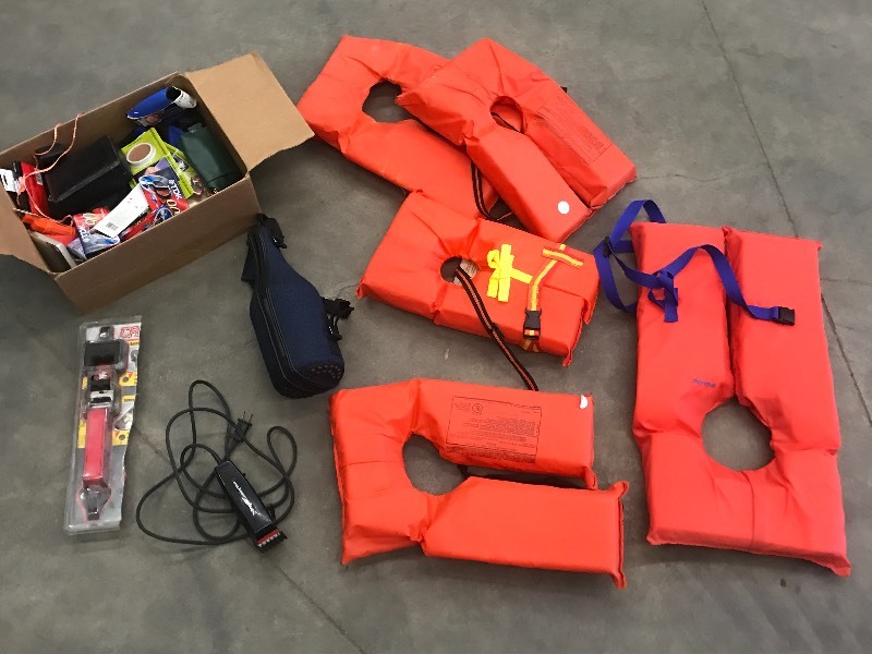 lot 15 image: Box Of Assorted Life Jackets, Bott...