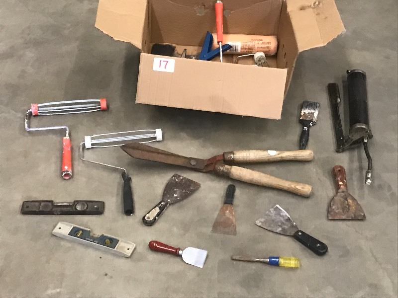 lot 17 image: Box Of Assorted Hand Tools, Grease ...