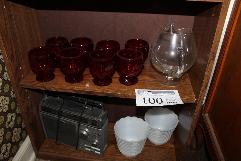 lot 100 image: Red Glasses, Milk Glass Cups, Green Glass Vases, Ceramic Decorative Vases