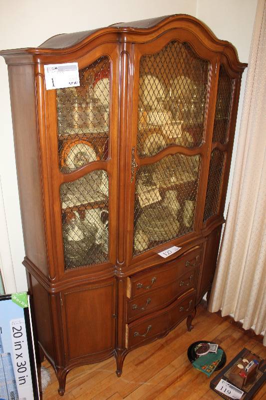 lot 1 image: Wood Hutch w 1-Glass Door, 2-Glass Panels, 3-Shelves, 2-Doors, 3-Drawers, 8-Legs