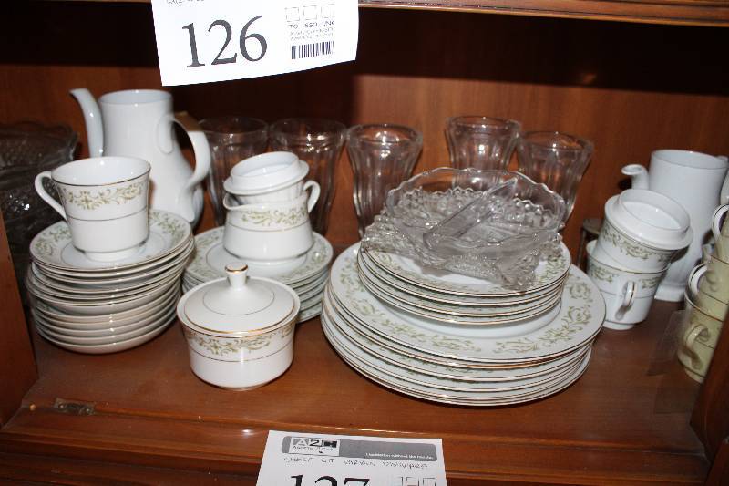 lot 127 image: Dishware, China Plates, Saucers, Cups, Glass Serving Bowls, Water Pitchers
