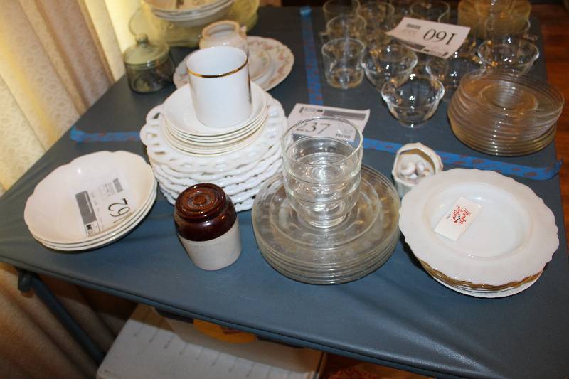 lot 162 image: Milk Glass & Clear Glass Plates, Glass Bowls, Ceramic Cookie Jar