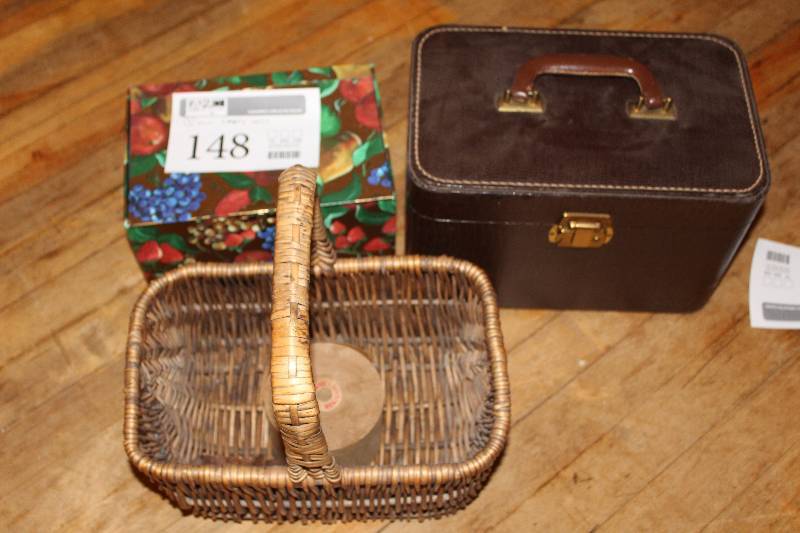 lot 148 image: Lot of (3) Wicker Basket, Travel Case, File Case
