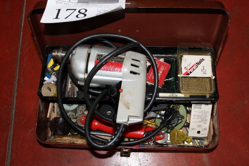 lot 178 image: Tool Box w Power Tools, Hand Tools, Black & Decker Utility Drill, Brads, Nails, Screen Tool, And More