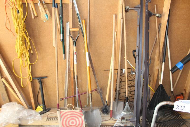 lot 224 image: Garden Tools - Spades, Shovels, Rakes, Edgers, Tire Pump, Clippers, Broom, Bed Frame