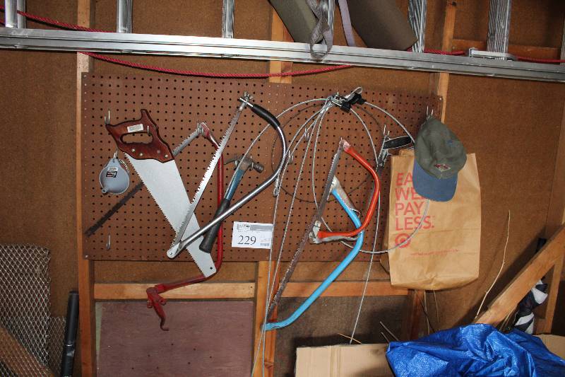 lot 229 image: Tree Saws, Wood Saws, Hammer, Funnel, Chain Cable Lock, And More