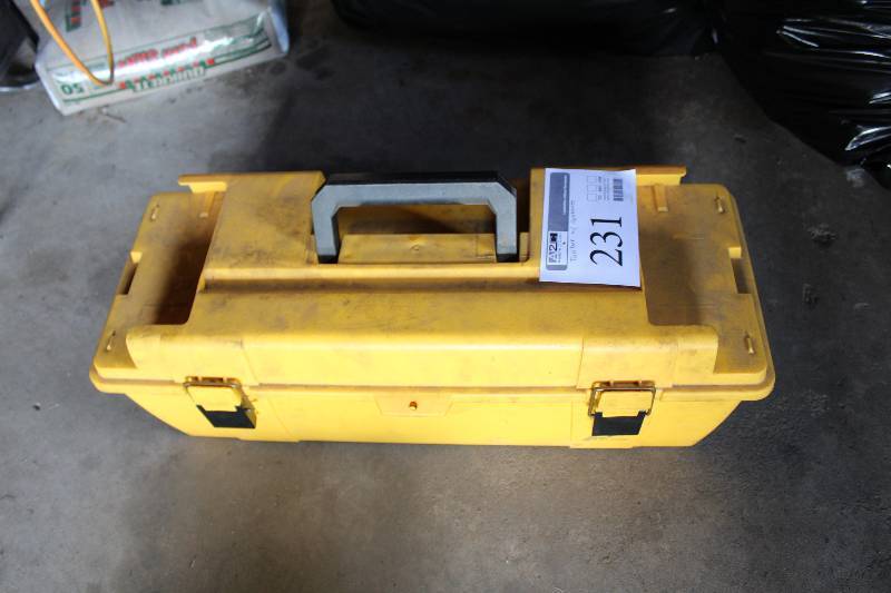 lot 231 image: Tool Box w Tools, Sockets, Scrapers, Wrenches, Brushes, Screwdrivers, And More