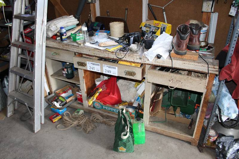 lot 240 image: Work Boots, Hardware, Hand Tools, Twine, Black & Decker Drill, Hammers, And More