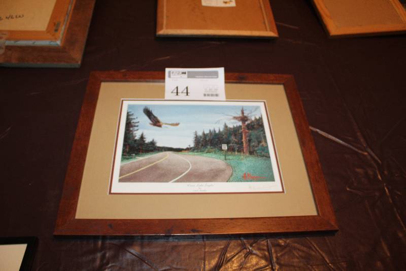 lot 44 image: Cross Lake Eagles by Les C. Kouba Signed Framed Matted Wall Art
