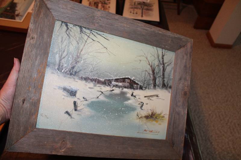 lot 43 image: Winter Cabin by M. Toking Signed Framed Matted Wall Art