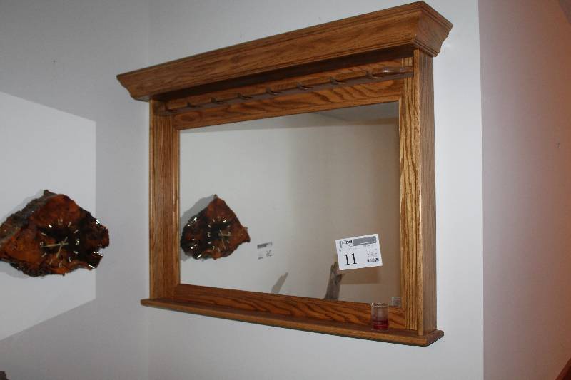 lot 11 image: Decorative Wood Wall-Mount Liquor Display Rack w Mirror