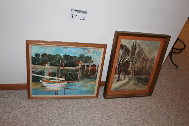 lot 37 image: Lot of (2) A. Dunay Signed Paintings - Sailboat, Trees