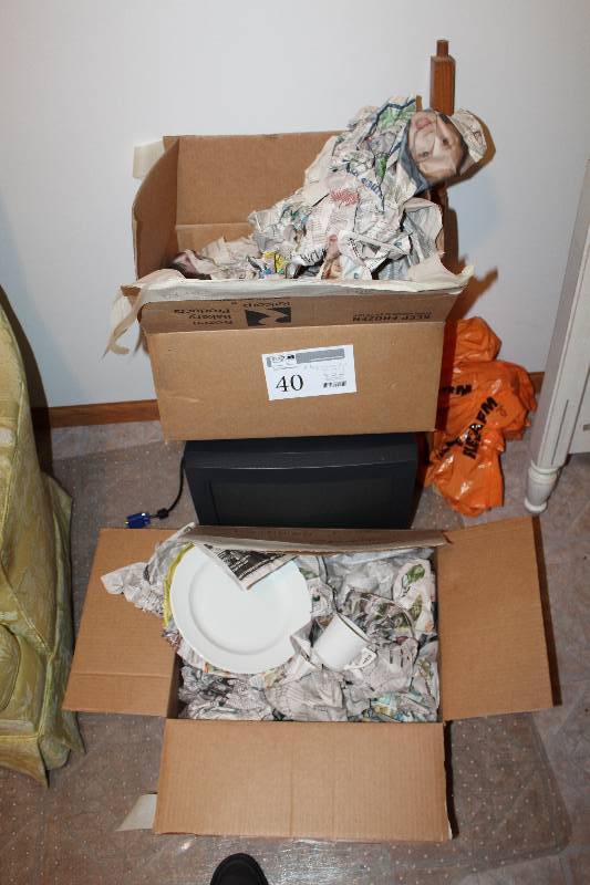 lot 40 image: Lot of (2) Boxes of China - Plates, Cups, Serving Bowls, Pitcher
