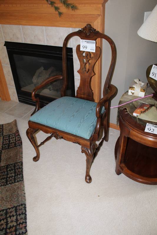 lot 99 image: Highback Wood Dining Chair w Blue Fabric Seat
