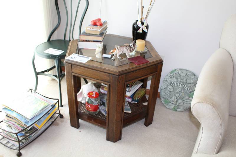 lot 88 image: Glass-Top Hexagon Wood End Table
