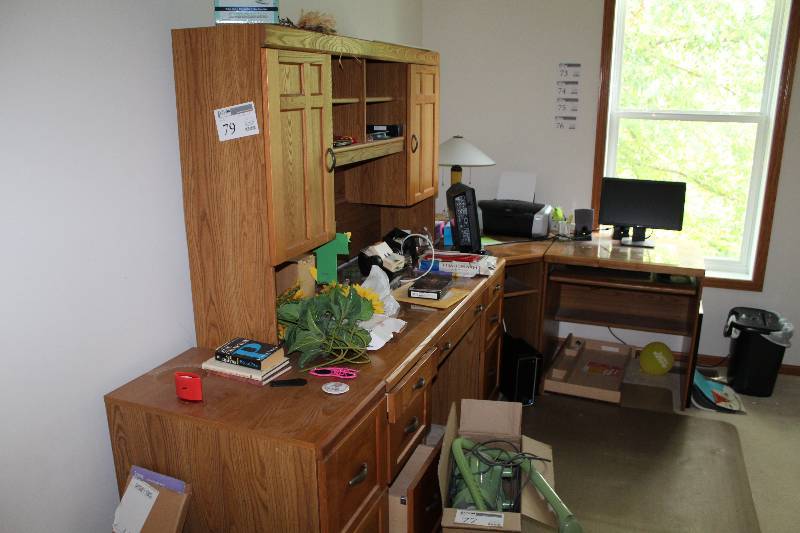 lot 79 image: L-Shaped Office Desk w Bookcase, Computer Table, File Cabinet