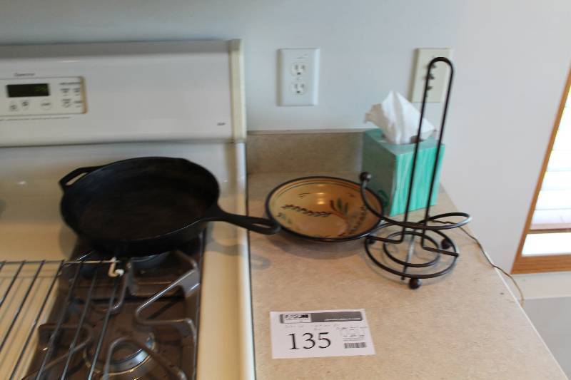 lot 135 image: Cookware - Cast Iron Pan, Decorative Serving Bowl, Metal Table Paper Towel Rack