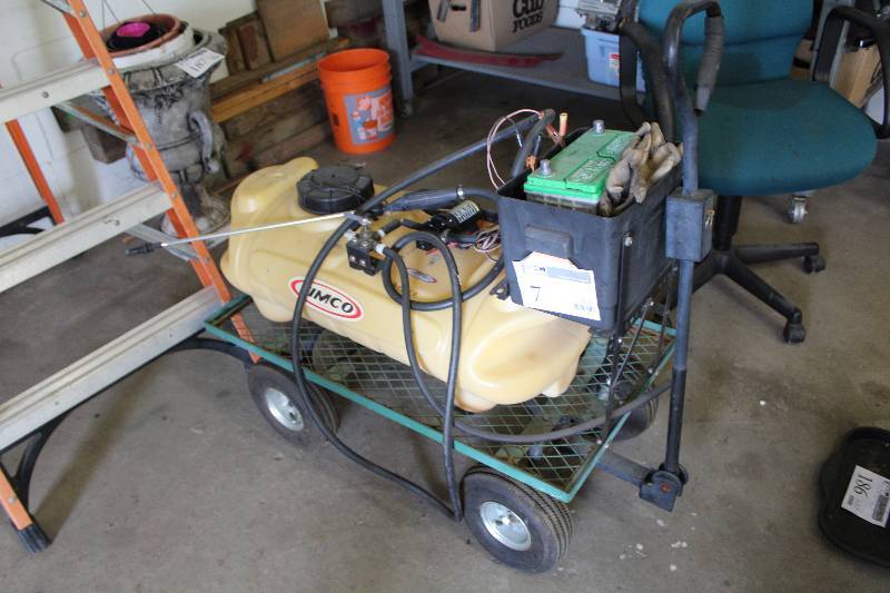 lot 7 image: Fimco 4-Wheel Pull-Cart Sprayer w High Flo Wand Sprayer, Battery, Battery Case
