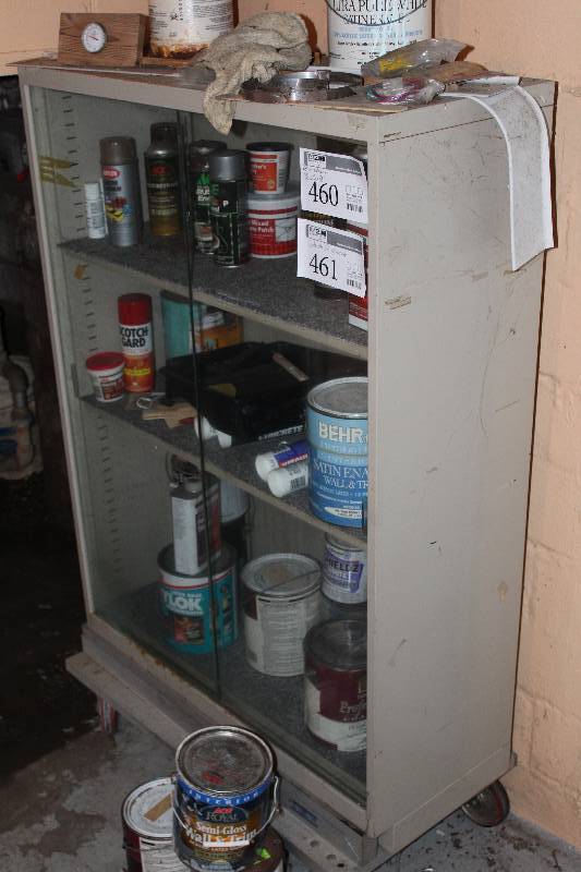 lot 460 image: 2-Glass Door 3-Shelf Metal Rolling Cabinet
