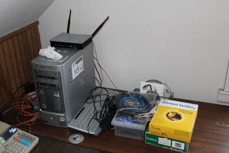 lot 315 image: HP Pavilion Media Center Computer Tower, Keyboard, Mouse, Quest XyCel Modem Router, Quickbooks Software, Internet Security Software