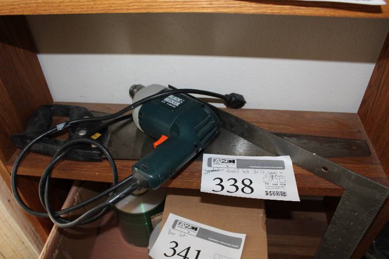lot 338 image: Black & Decker 7190 Drill, Hand Saw, T-Square